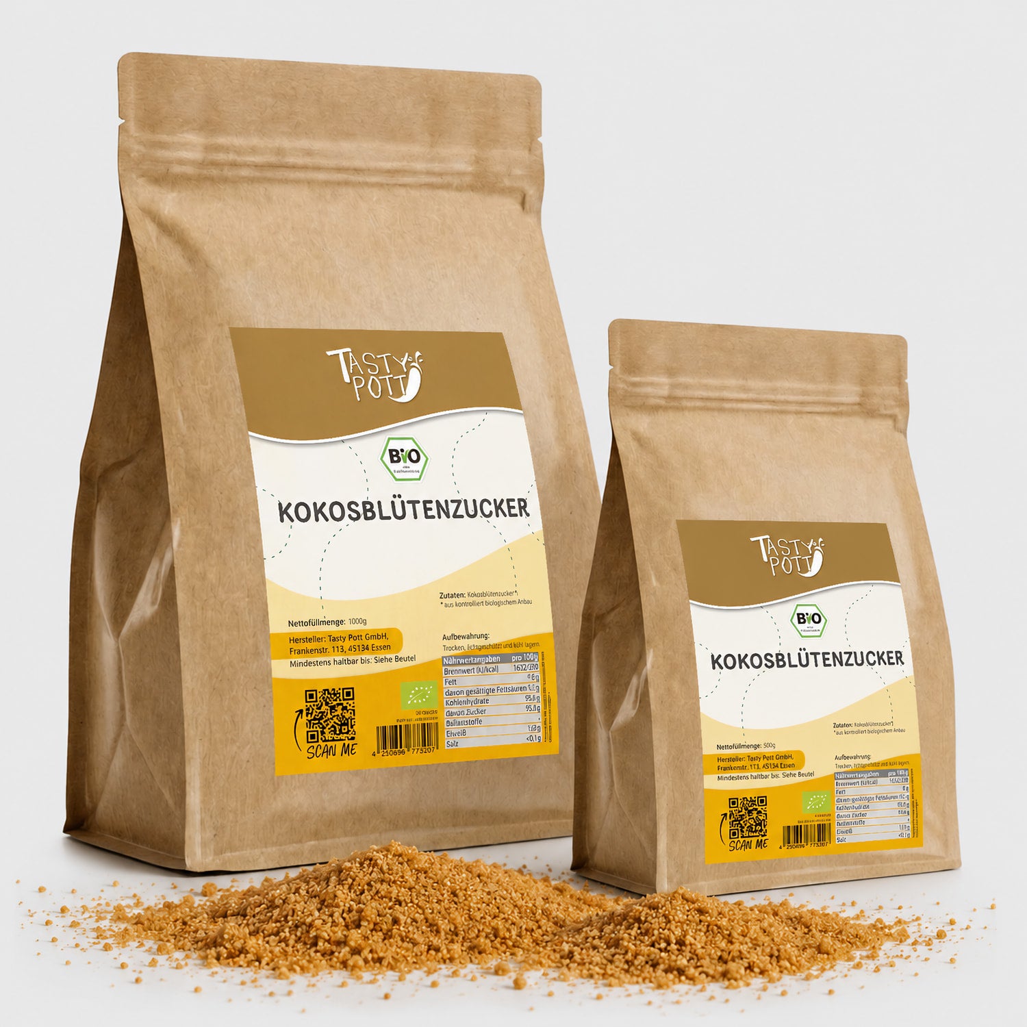 Bio Kokosblütenzucker in braunem 1kg Beutel, natürlicher Süßstoff.