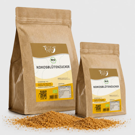 Bio Kokosblütenzucker in braunem 1kg Beutel, natürlicher Süßstoff.
