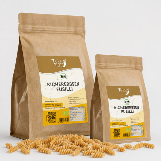 Bio Kichererbsen Fusilli 1kg Beutel von Tasty Pott, glutenfrei und proteinreich.