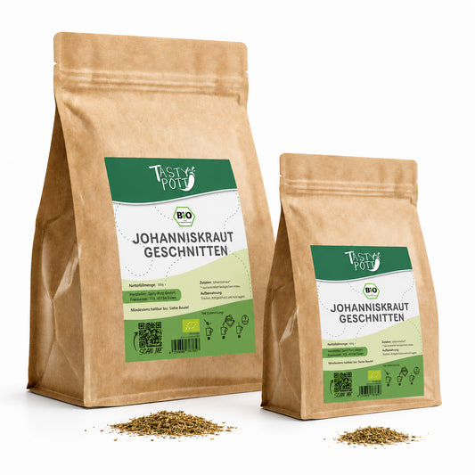 Bio Johanniskraut geschnitten in umweltfreundlichem Beutel von Tasty Pott.