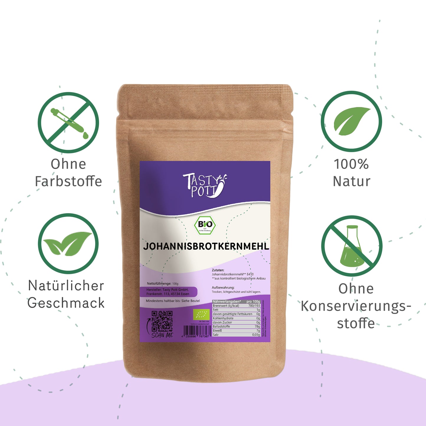 Bio Johannisbrotkernmehl E410 in 100g Beutel von Tasty Pott, 100% natürlich.