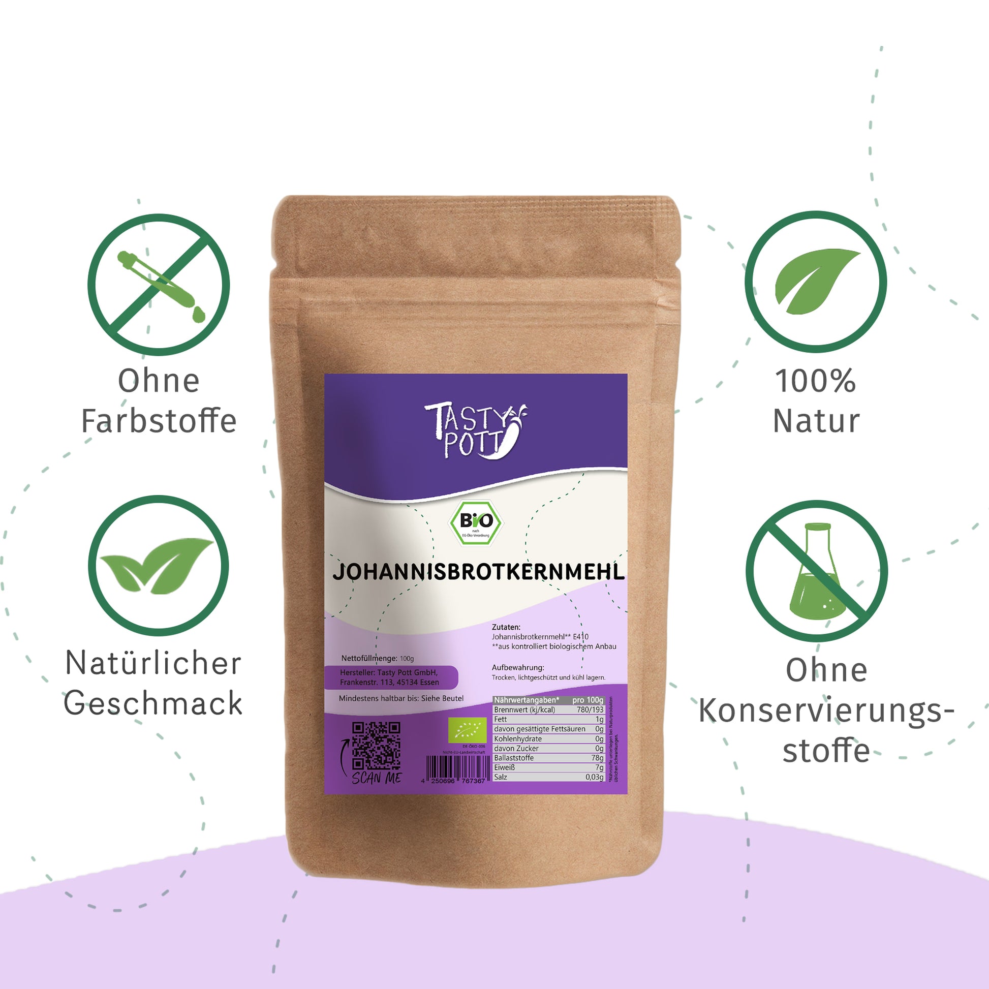Bio Johannisbrotkernmehl E410 in 100g Beutel von Tasty Pott, 100% natürlich.