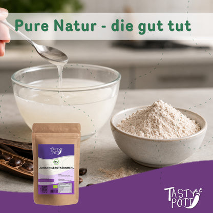 Bio Johannisbrotkernmehl E410 in 100g Beutel von Tasty Pott, glutenfrei und vegan.