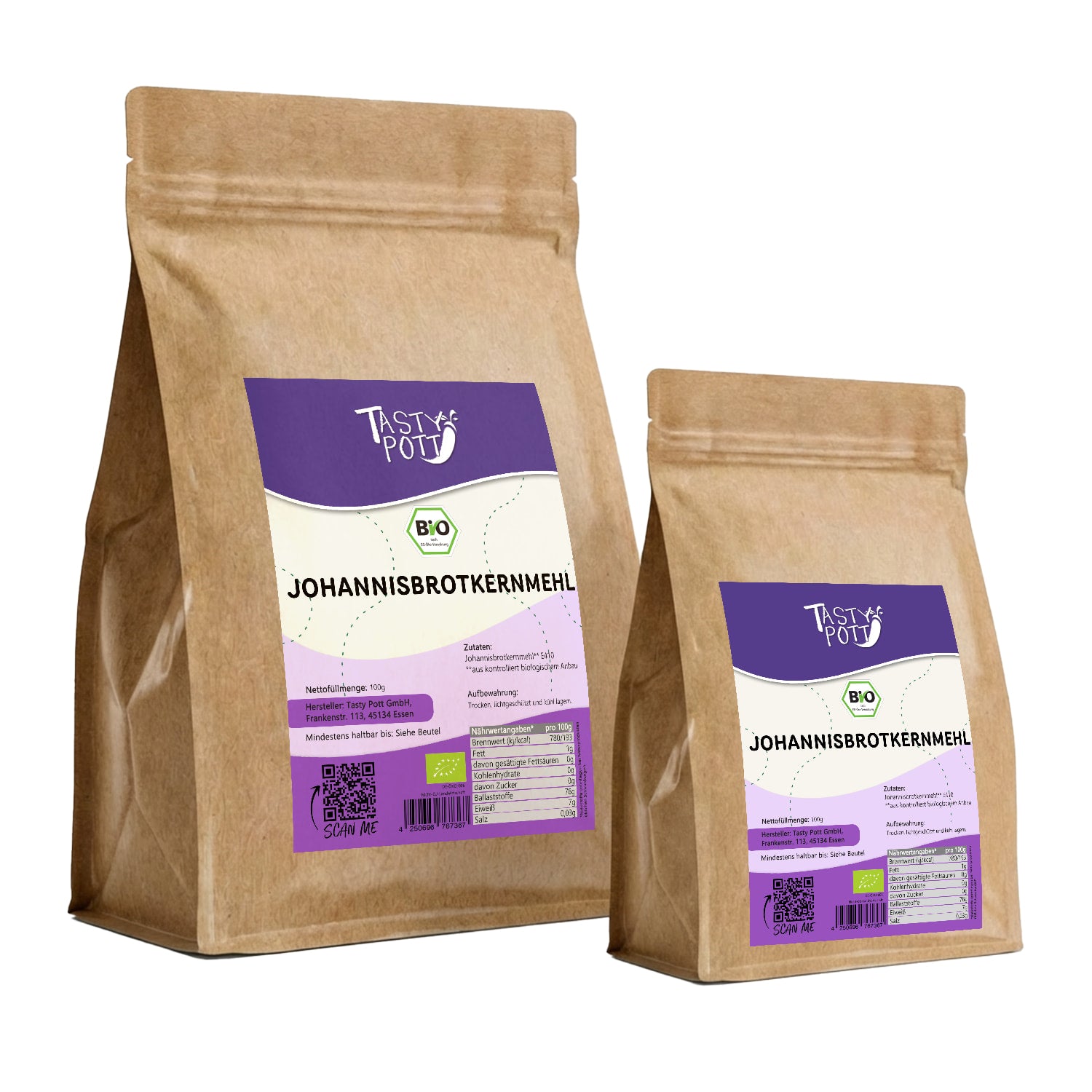 Bio Johannisbrotkernmehl E410 in 100g und 250g Beuteln von Tasty Pott.