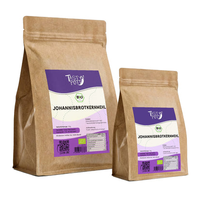 Bio Johannisbrotkernmehl E410 in 100g und 250g Beuteln von Tasty Pott.