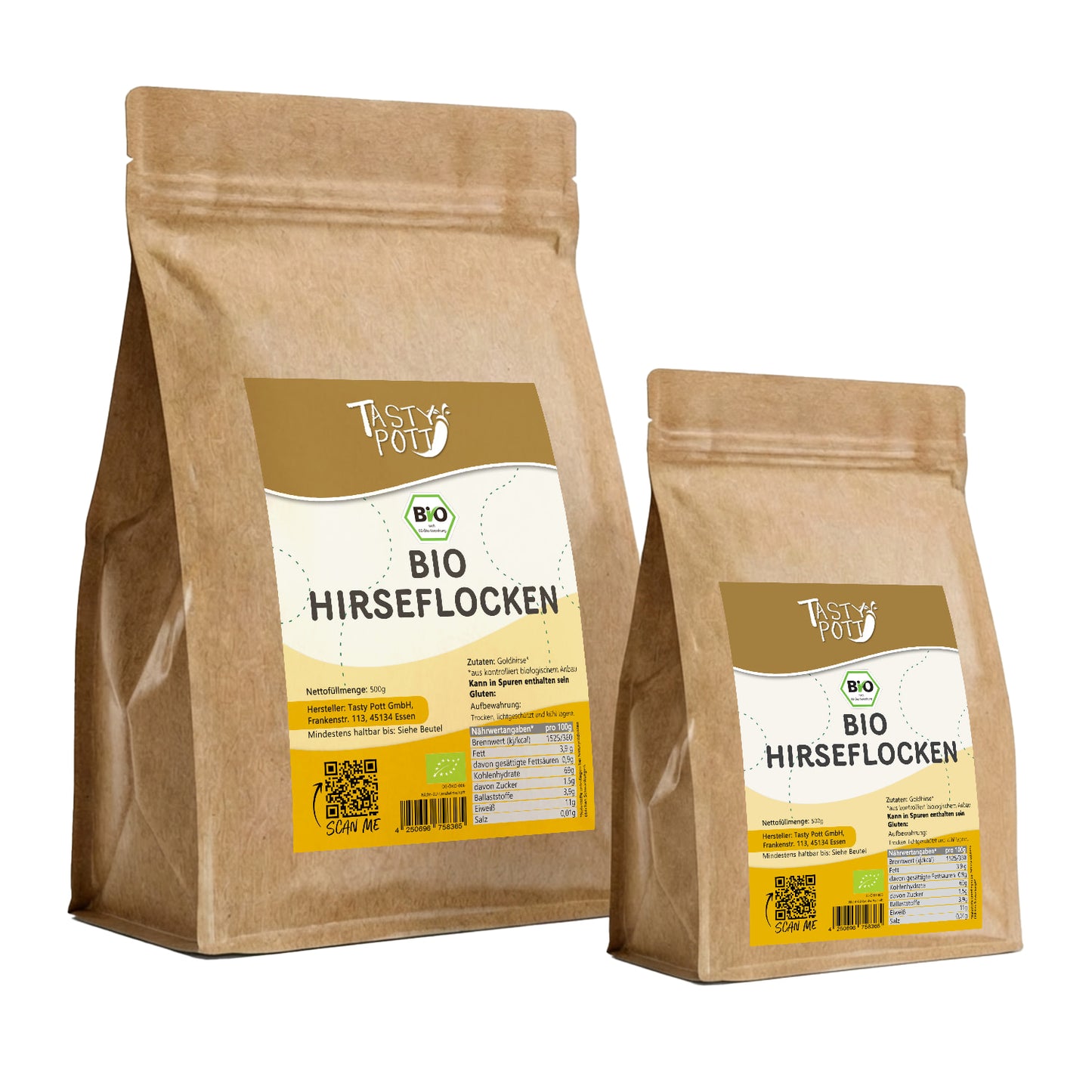 Bio Hirse geschält im 1kg Beutel von Tasty Pott, ideal für gesunde Ernährung.