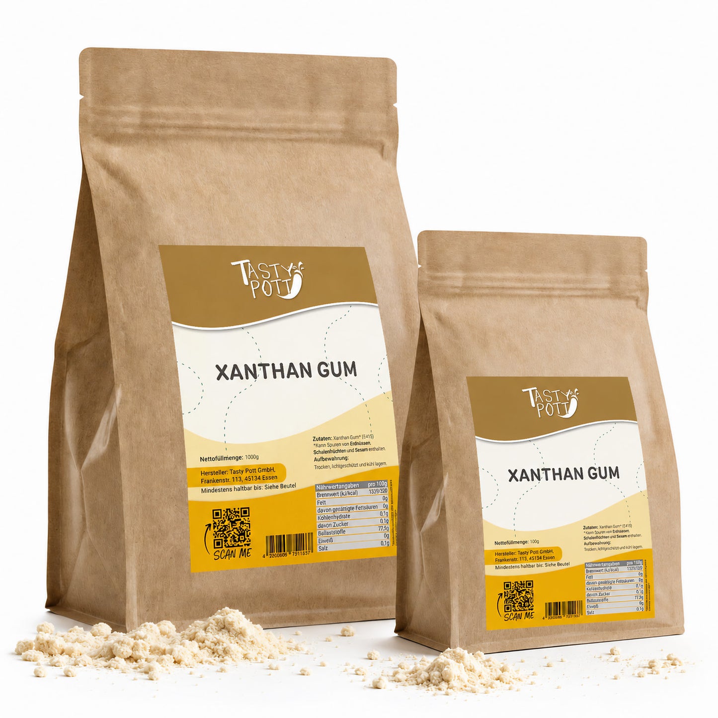 Xanthan Gum von Tasty Pott, natürliches Bindemittel, 1kg und 500g Packungen.