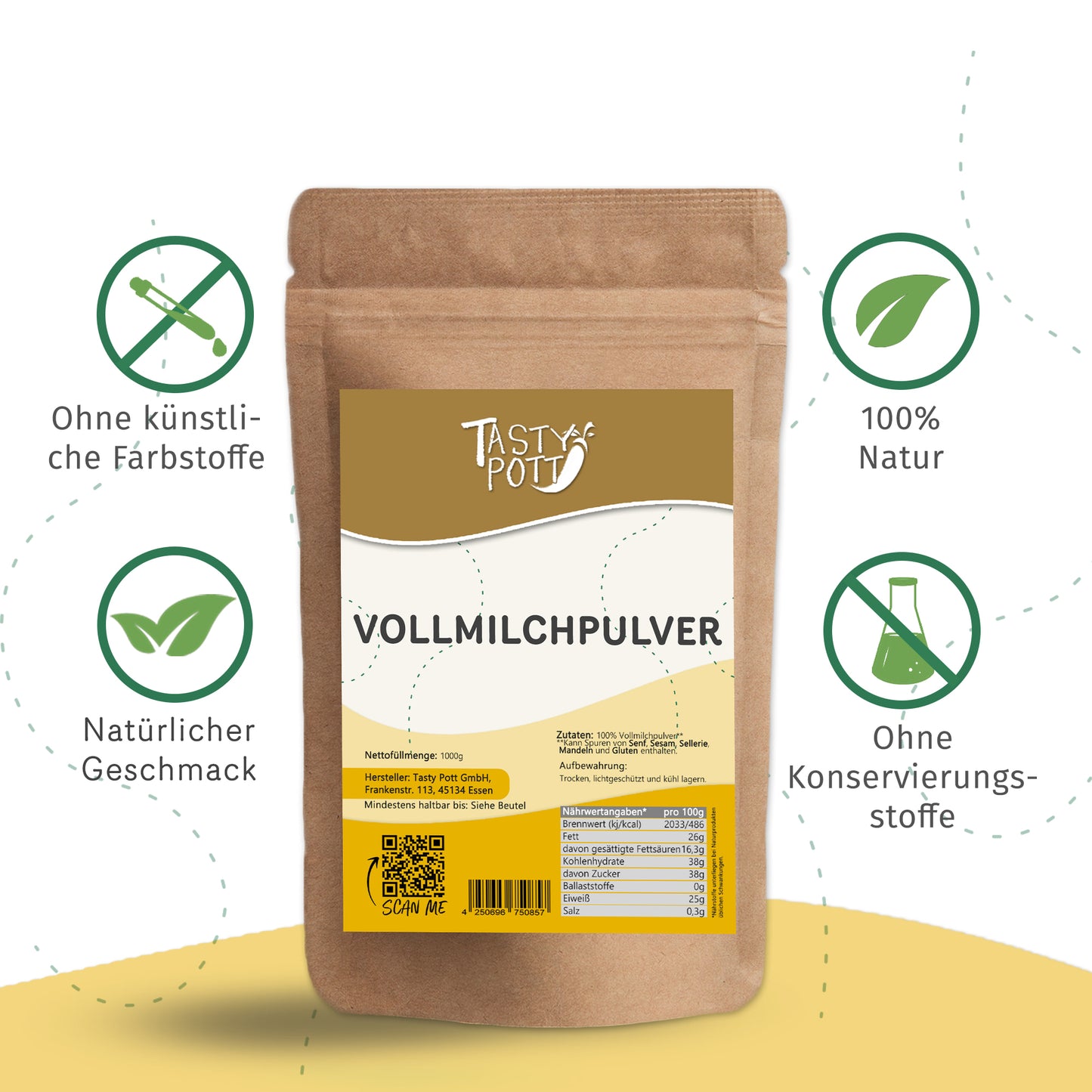 Vollmilchpulver 1kg Beutel von Tasty Pott, 100% natürliche Zutaten.
