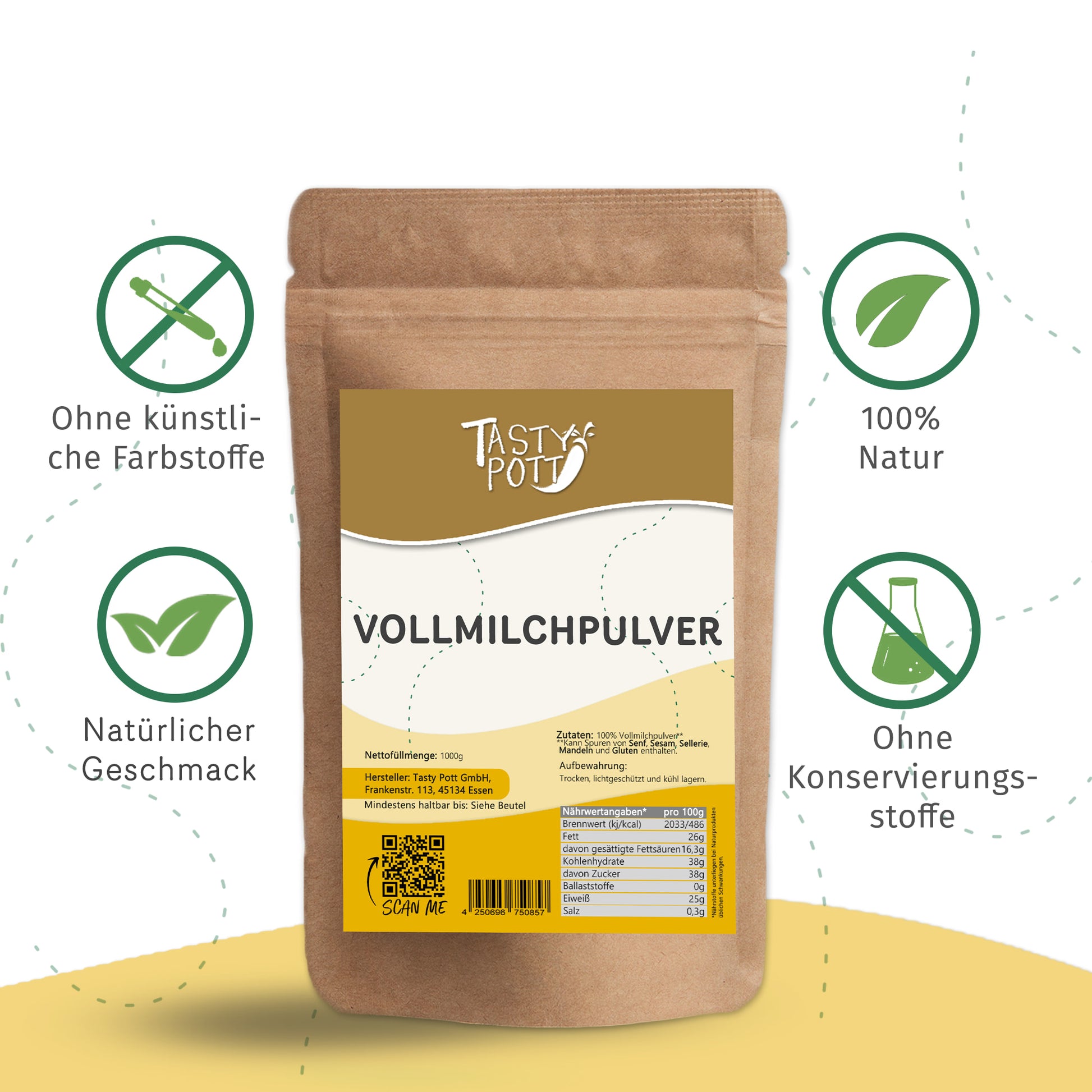 Vollmilchpulver 1kg Beutel von Tasty Pott, 100% natürliche Zutaten.