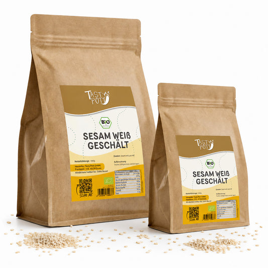 Bio geschälter weißer Sesam von Tasty Pott, 1kg, in brauner Verpackung.