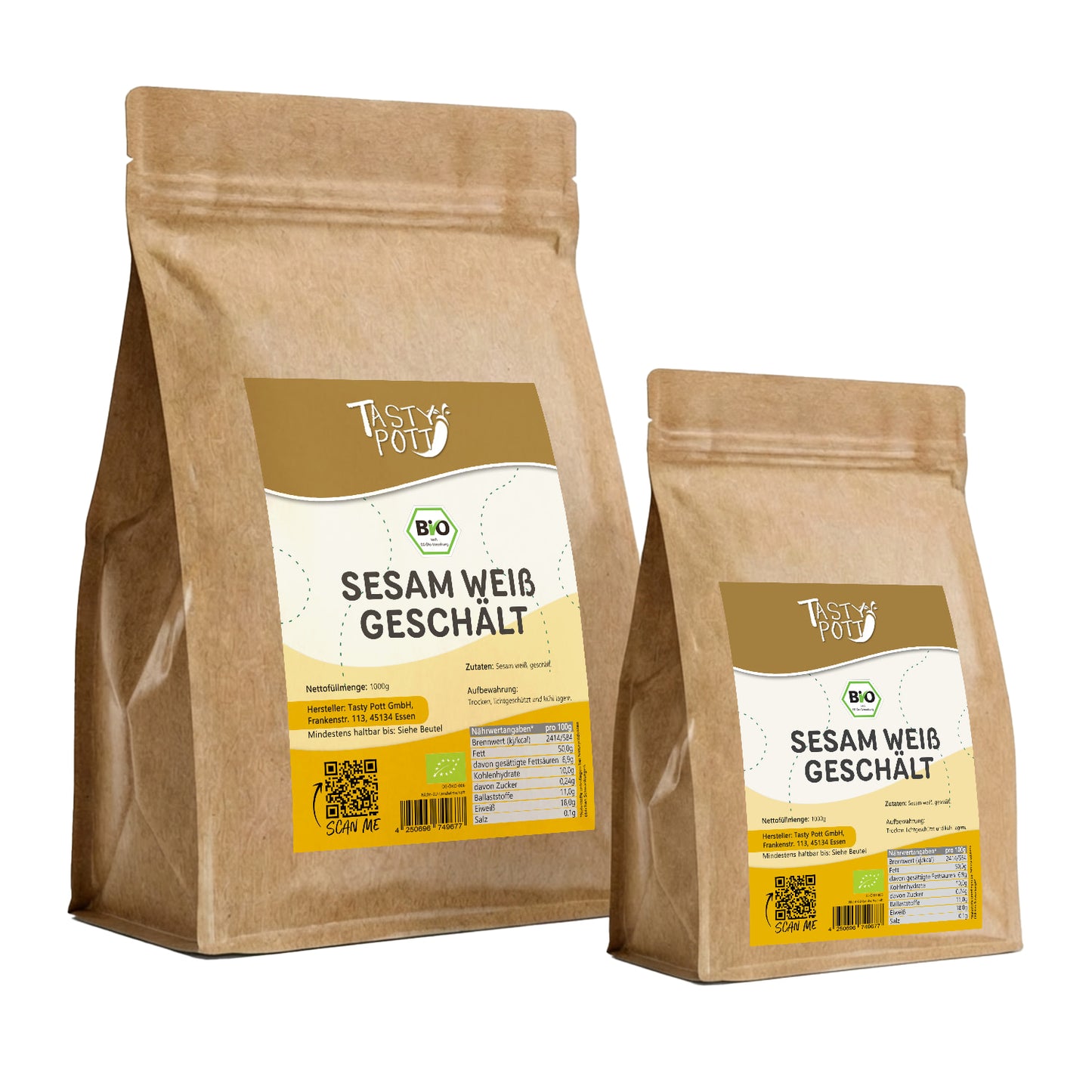 Bio geschälter weißer Sesam von Tasty Pott, 1 kg, in umweltfreundlicher Verpackung.