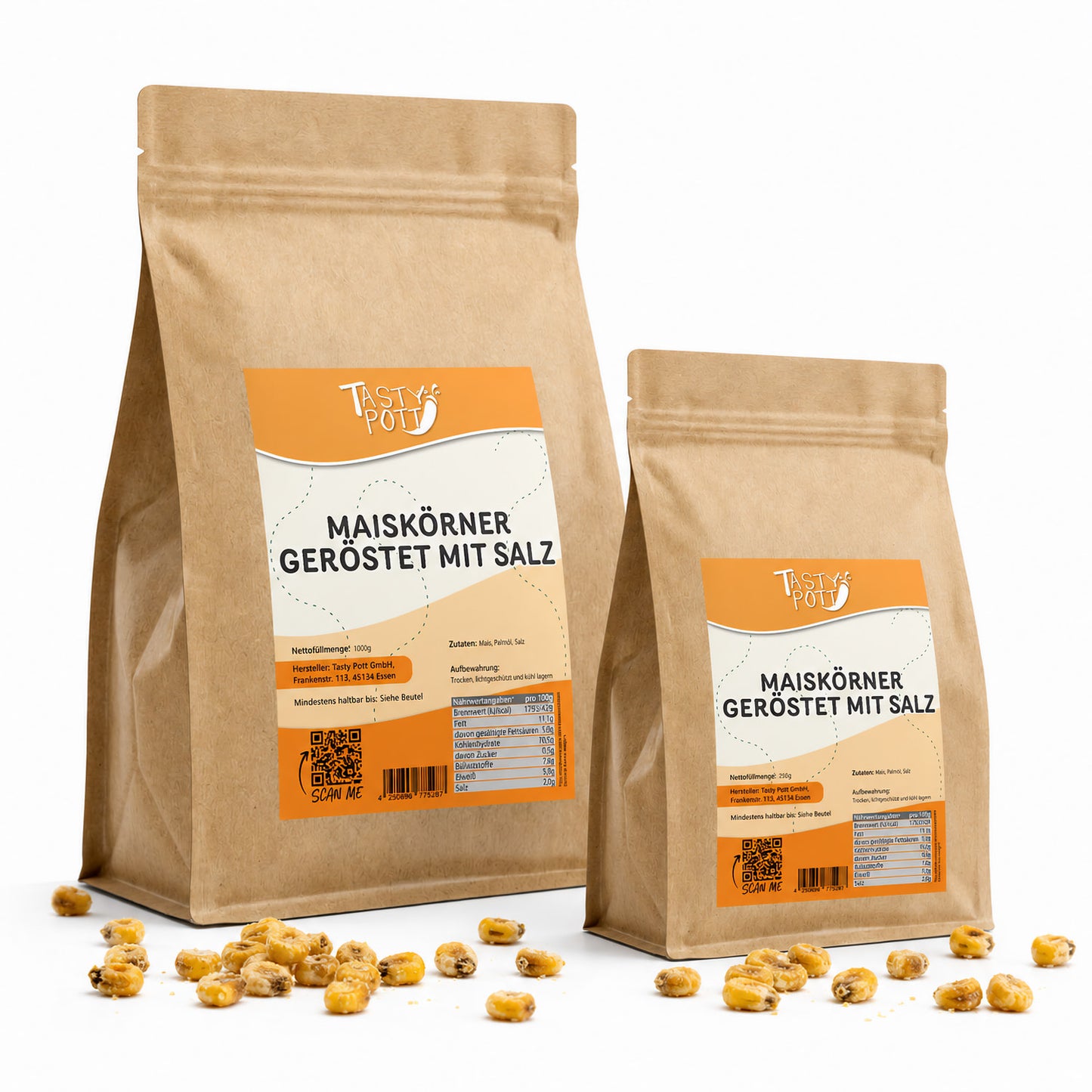 Geröstete, gesalzene Maiskörner von Tasty Pott, 1 kg Packung.