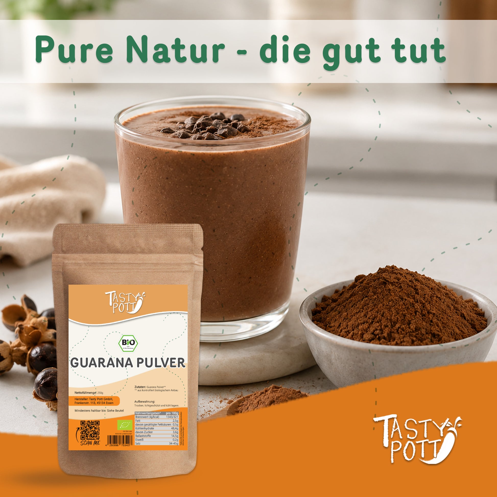 Bio Guarana Pulver von Tasty Pott, koffeinhaltig, 250g Beutel.
