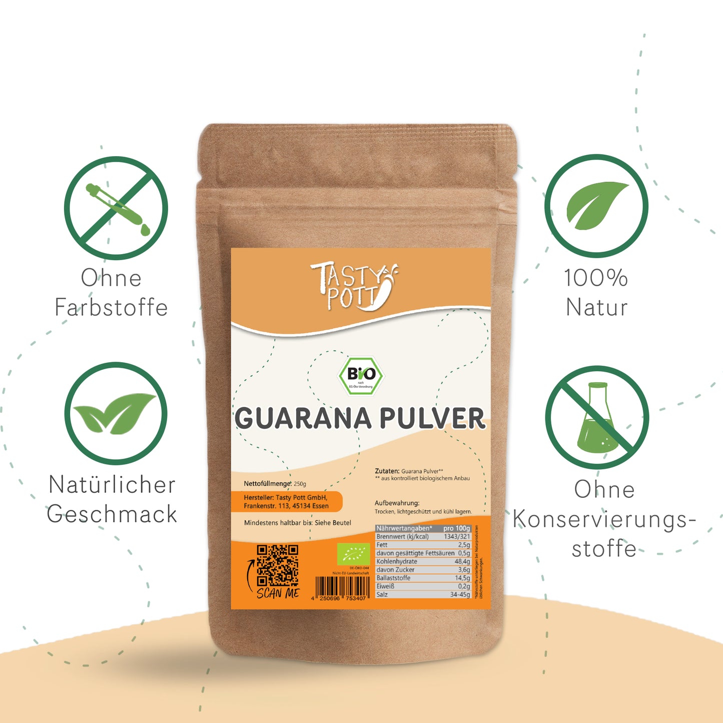 Bio Guarana Pulver 250g Beutel, koffeinhaltig, 100% natürliche Zutaten