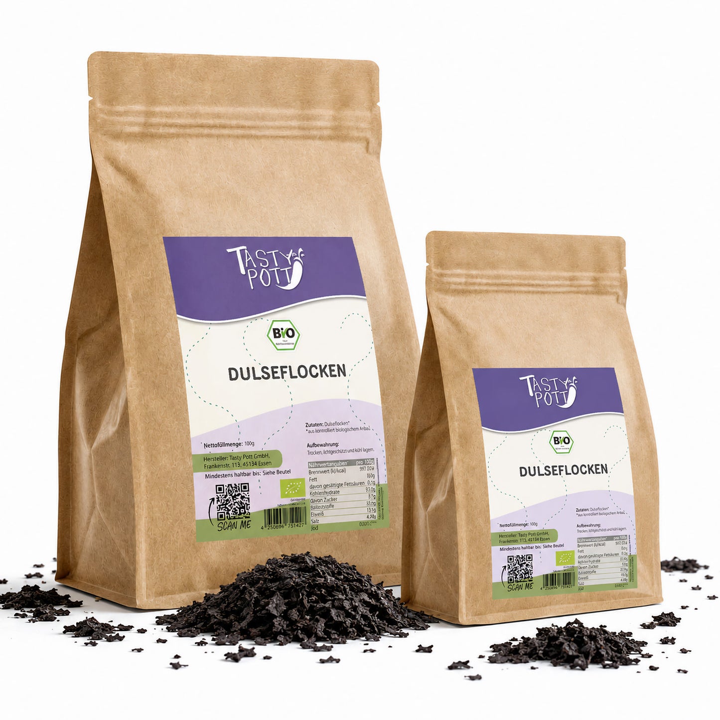 Bio Dulse Flocken 100g Beutel von Tasty Pott, gesunde Algen für vielseitige Gerichte.