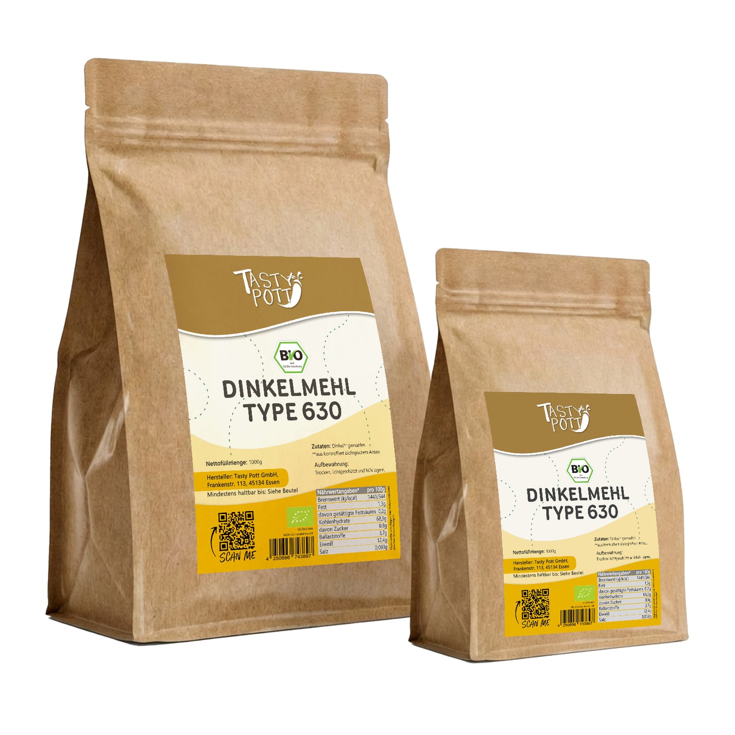 Bio Dinkelmehl Type 630 im 1kg Beutel von Tasty Pott, hochwertig und nachhaltig.