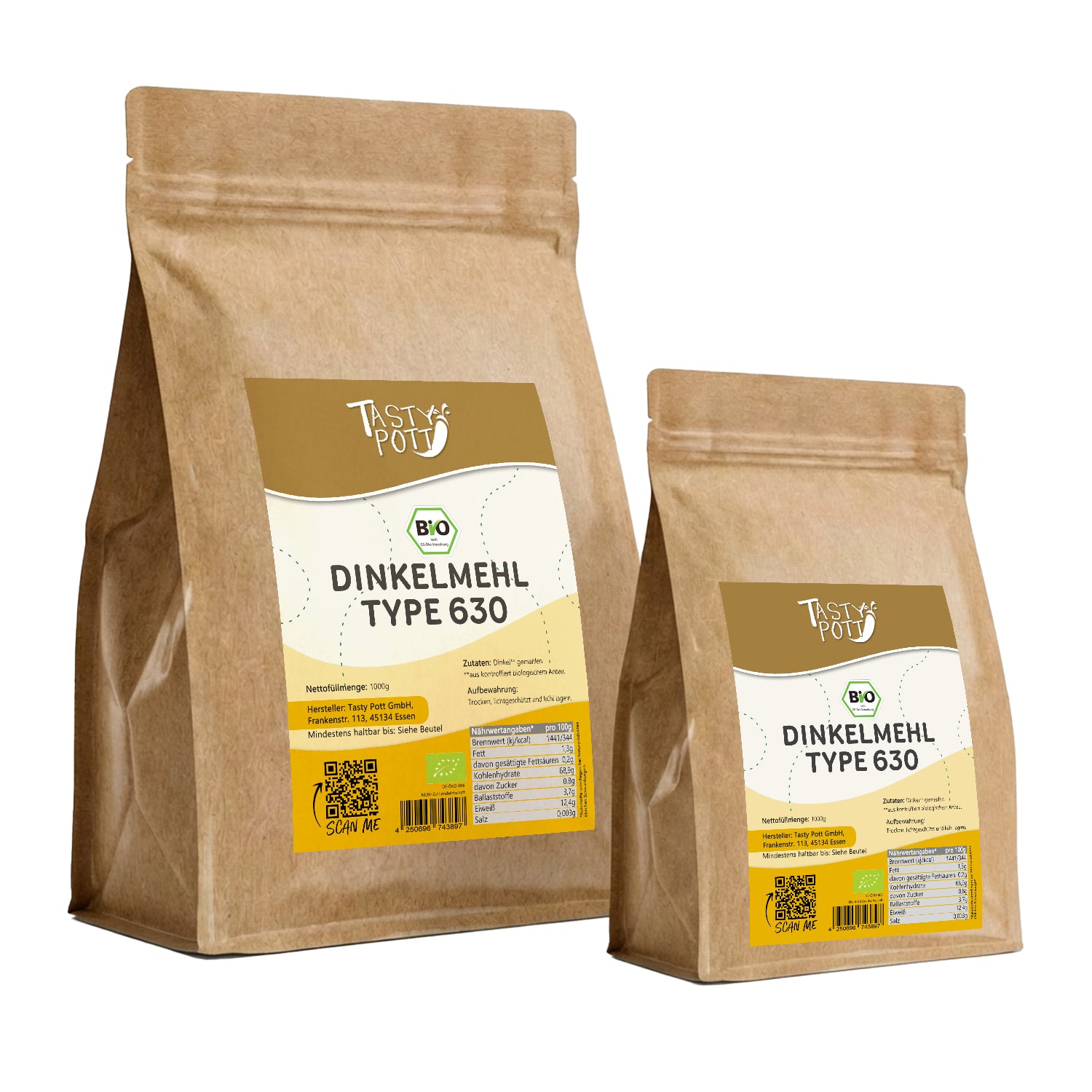 Bio Dinkelmehl Type 630 im 1kg Beutel von Tasty Pott, hochwertig und nachhaltig.