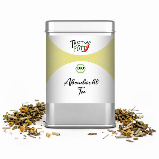 Bio Abendwohl Tee von Tasty Pott in einer 20g Dose, ideal für entspannende Teemomente.