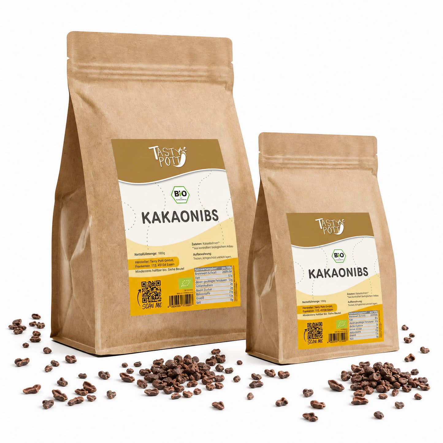 1kg Beutel Bio Kakaonibs von Tasty Pott, ideal zum Backen und für Müsli.