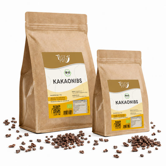 1kg Beutel Bio Kakaonibs von Tasty Pott, ideal zum Backen und für Müsli.