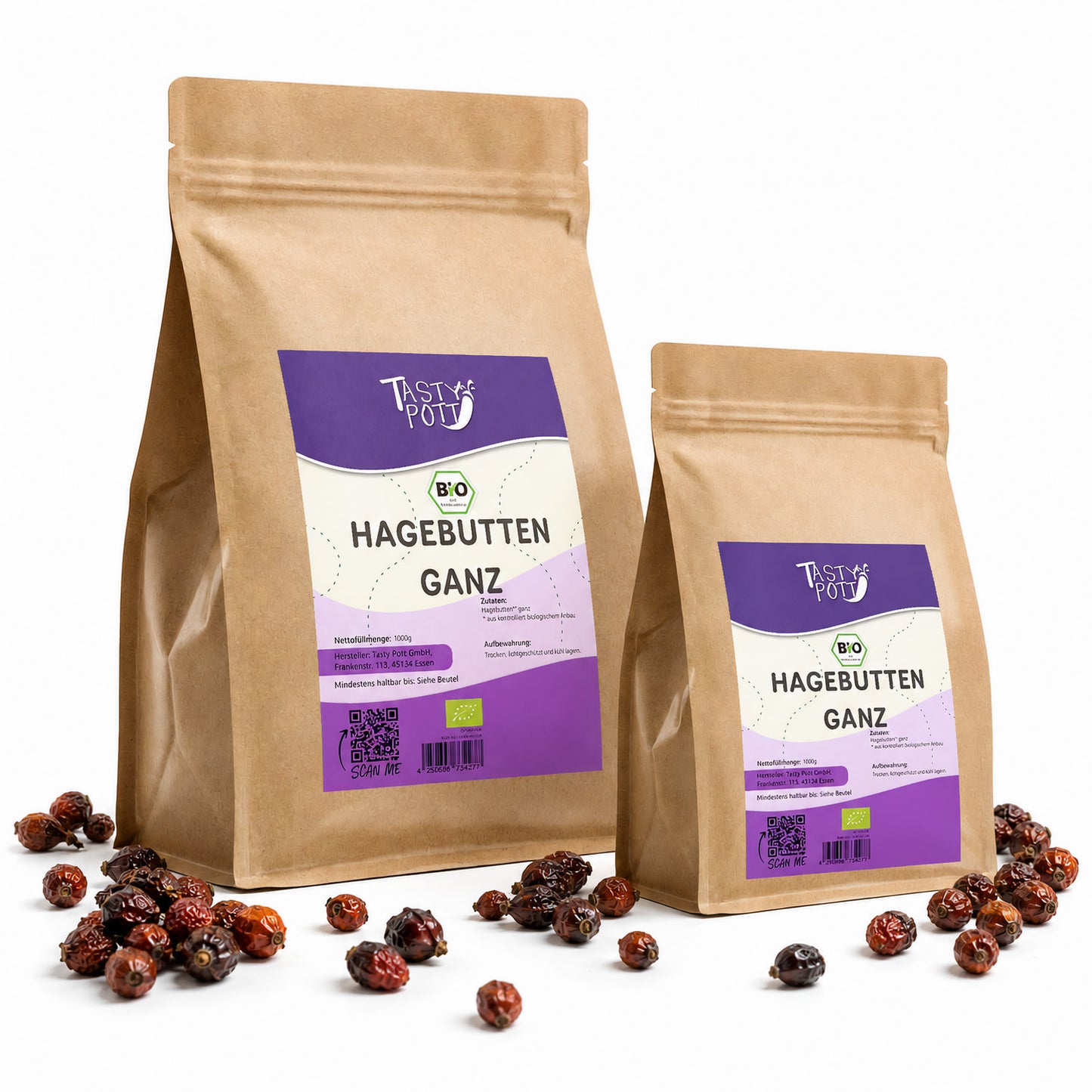 Tasty Pott Bio Hagebutten ganze getrocknete Früchte im 1kg Beutel, ideal für Tee und Müsli.