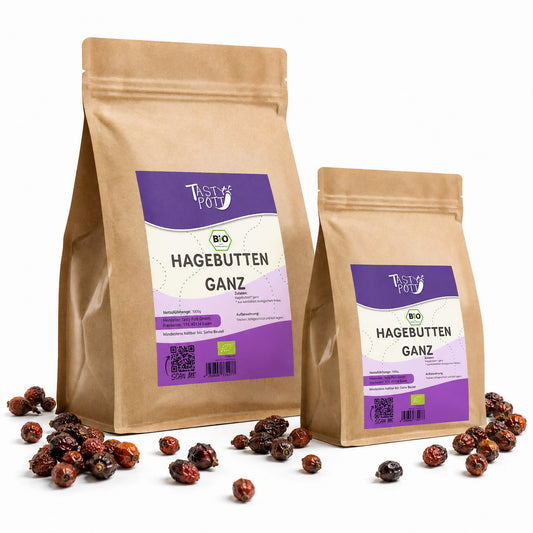 Tasty Pott Bio Hagebutten ganze getrocknete Früchte im 1kg Beutel, ideal für Tee und Müsli.