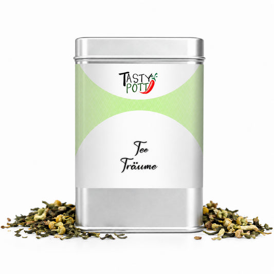 Vorderansicht der 20g Dose Gänsefingerkraut Tee von Tasty Pott für Entspannung