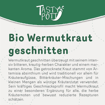 Bio Wermutkraut geschnitten in 100g Packung für herzhafte Kräutergerichte.