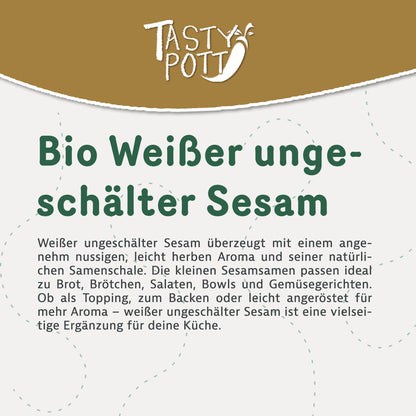 Weißer ungeschälter Sesam 1kg Beutel von Tasty Pott, ideal für Backen und Salate.