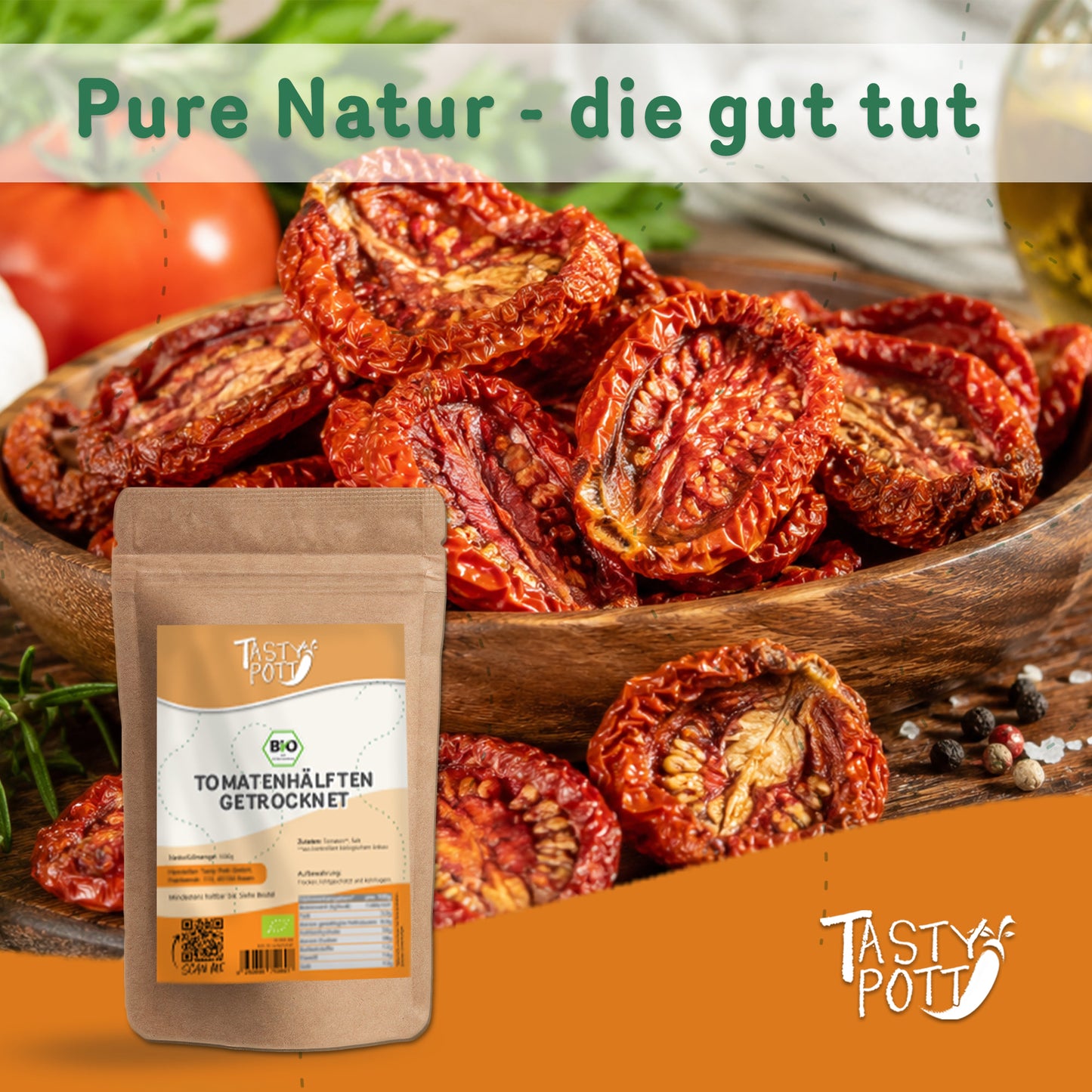 Bio getrocknete Tomaten in 1 kg Beutel von Tasty Pott, aromatisch und vielseitig.