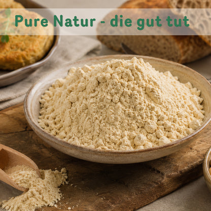 Bio Süßlupinenmehl 1kg in einer Schüssel, ideal für pflanzliche Backwaren.