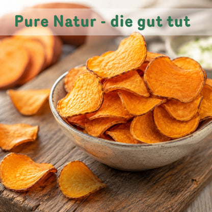 Bio Süßkartoffel Chips 200g von Tasty Pott in einer Schüssel.