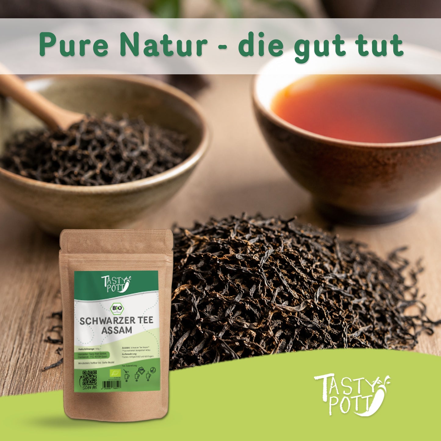 Bio Assam Tee in 100g Beutel von Tasty Pott, aromatisch und kräftig.