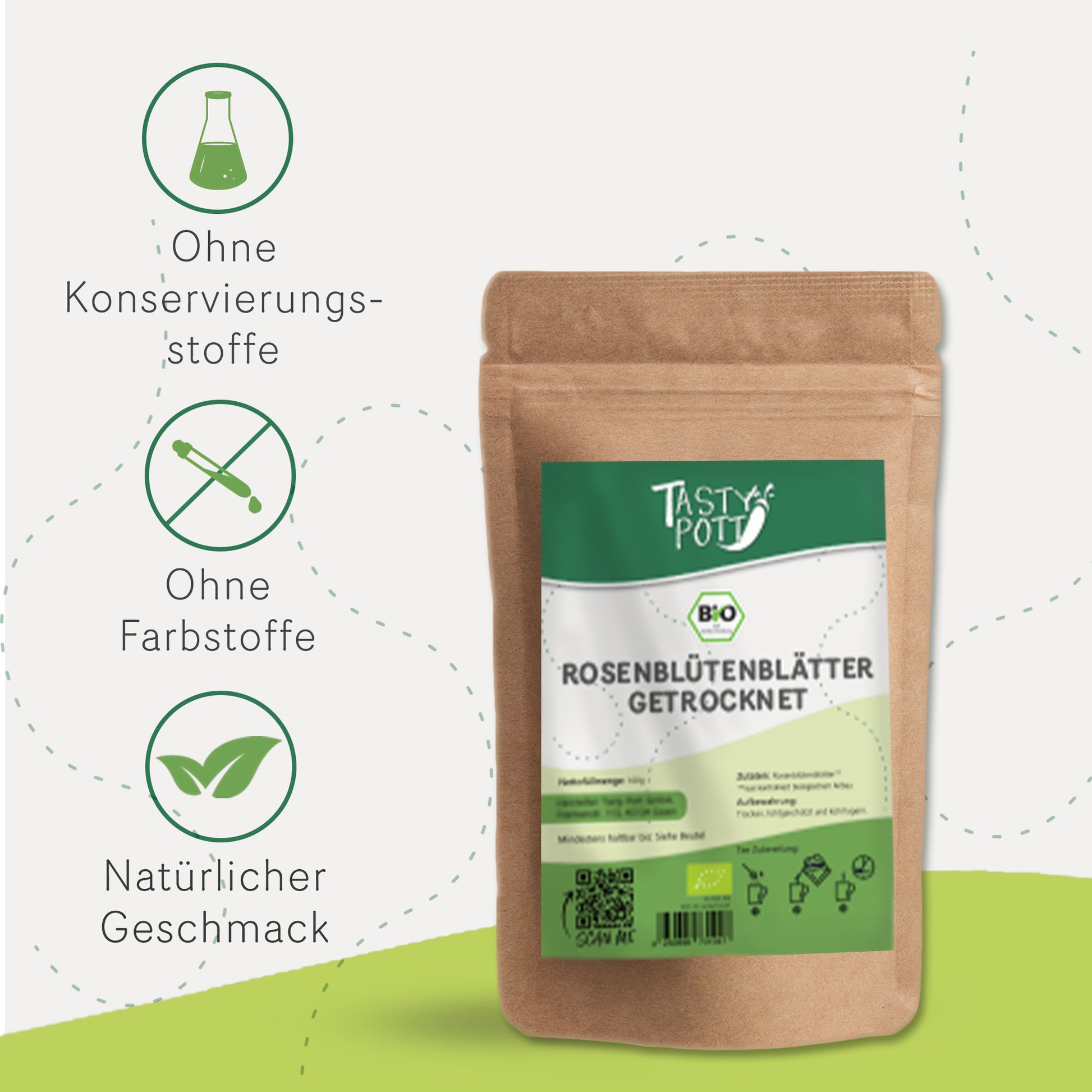 Bio Rosenblütenblätter 100g Beutel, getrocknet, ohne Konservierungsstoffe.