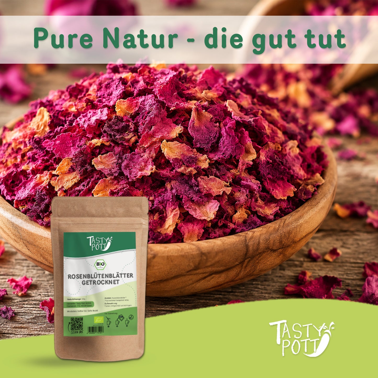 Bio Rosenblütenblätter 100g Beutel, getrocknet, von Tasty Pott.