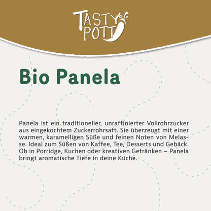 Bio Panela Zucker 1kg Beutel von Tasty Pott, unraffiniert, aromatisch, vielseitig einsetzbar.