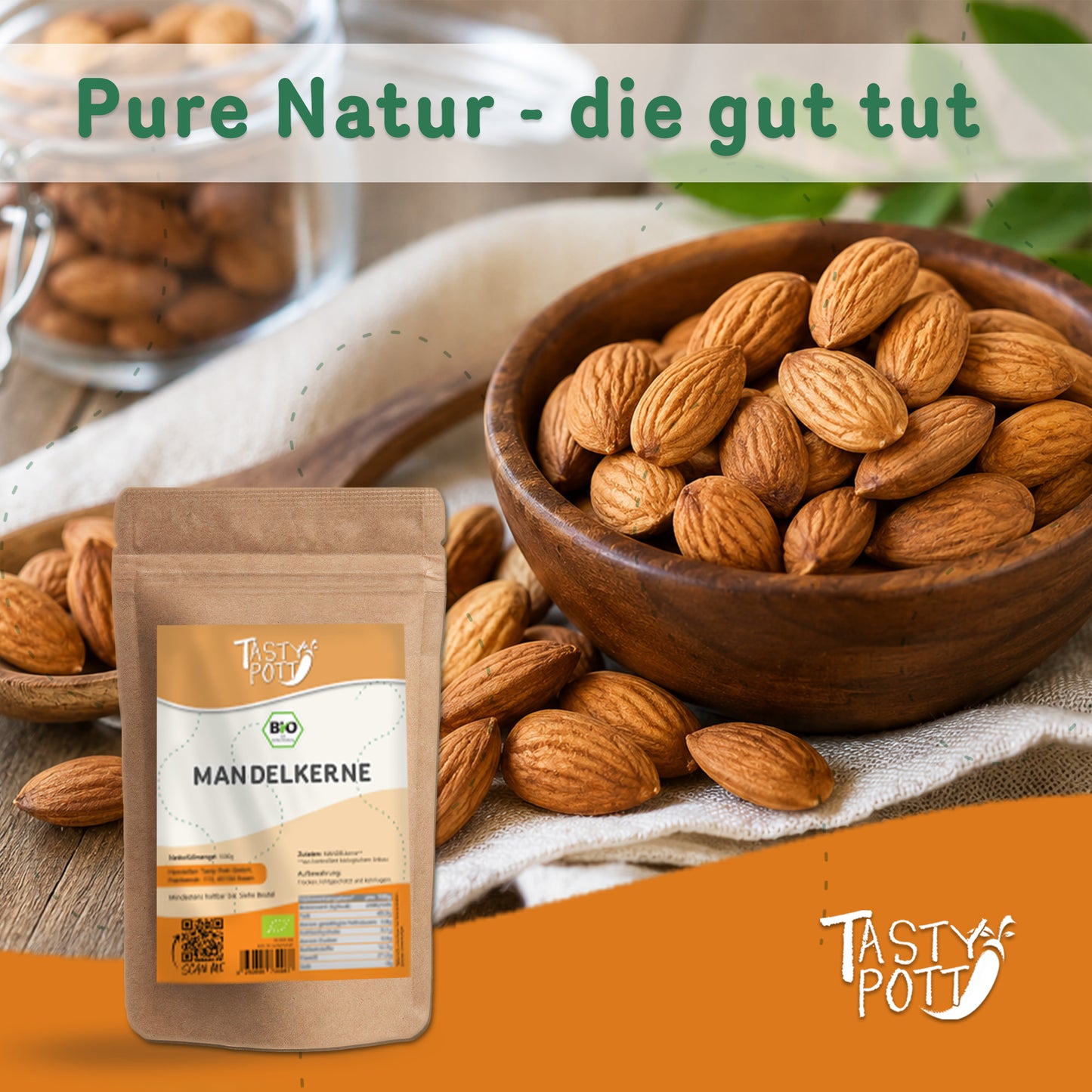Bio Mandeln unbehandelt im 1kg Beutel von Tasty Pott, natürliche Snack-Option.