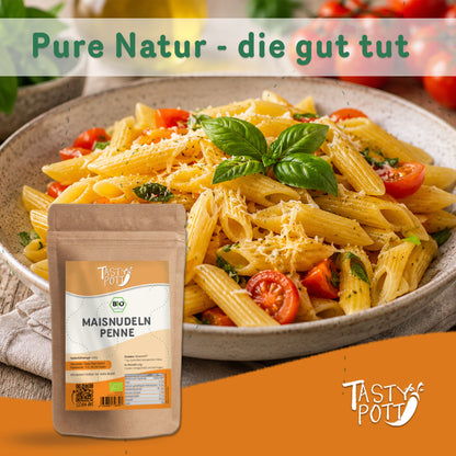 Bio Maisnudeln Penne 1kg von Tasty Pott, glutenfrei und vielseitig einsetzbar.
