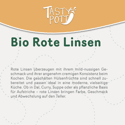 Bio Rote Linsen 1kg Beutel, vielseitig und cremig, ideal für gesunde Gerichte.