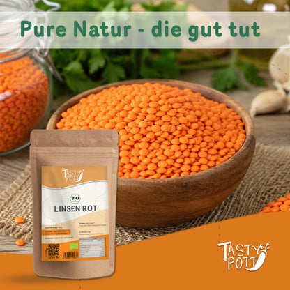 Bio Rote Linsen im 1kg Beutel von Tasty Pott, gesund und vielseitig.