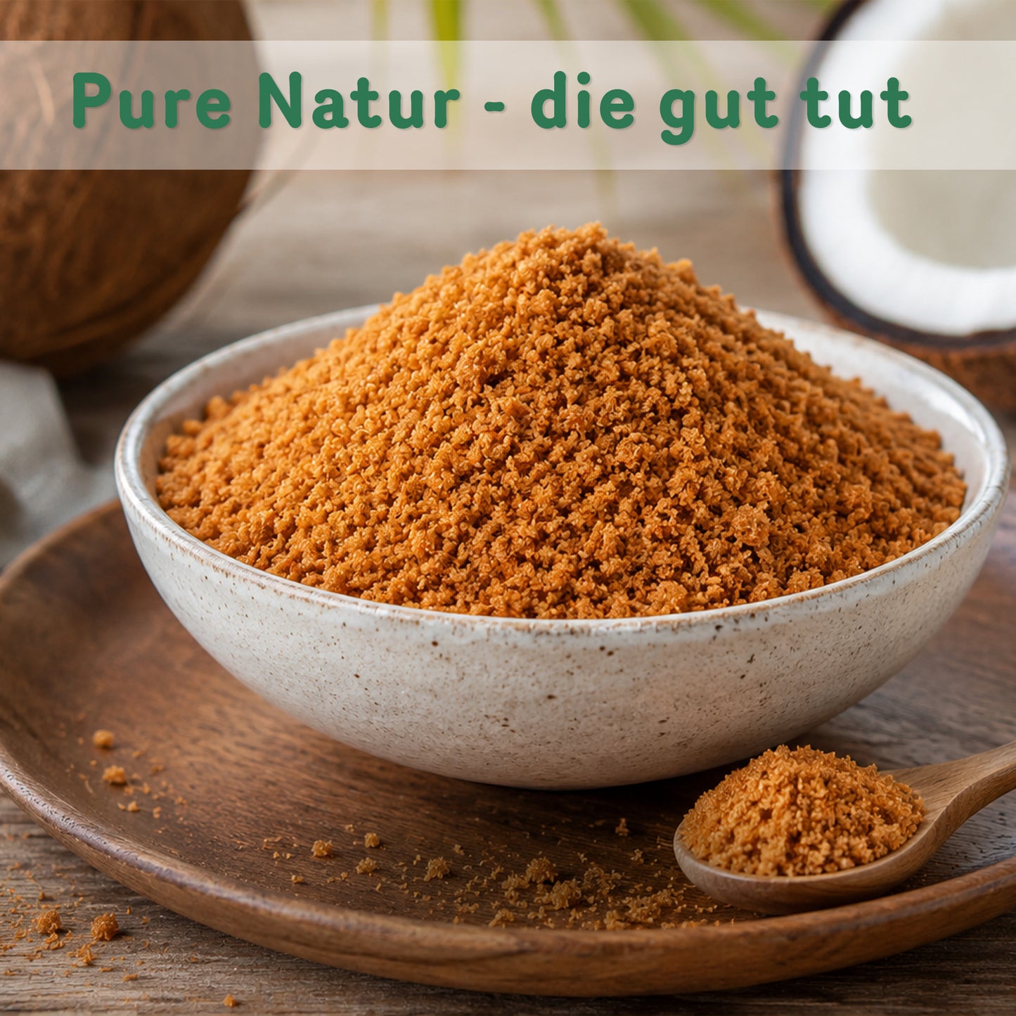 Bio Kokosblütenzucker, braunes, feines Zuckergranulat in Schüssel.