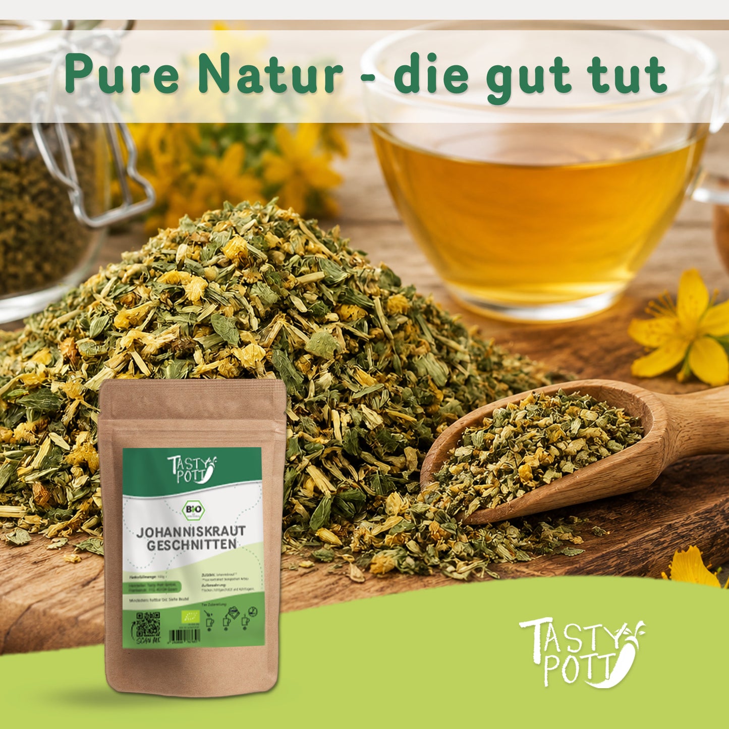 Bio Johanniskraut geschnitten im Beutel, 100g, von Tasty Pott.