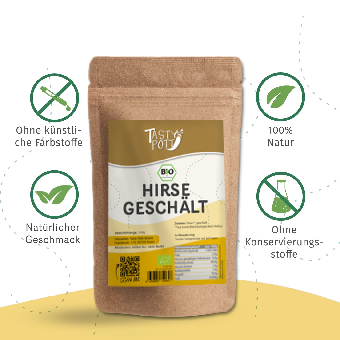 Bio Hirse geschält 1kg Beutel, 100% natürliche Zutaten, ohne Konservierungsstoffe.