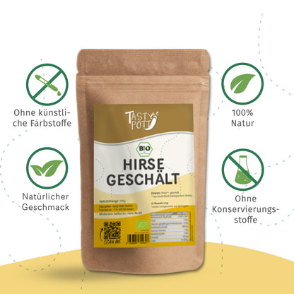Bio Hirse geschält 1kg Beutel, 100% natürliche Zutaten, ohne Konservierungsstoffe.