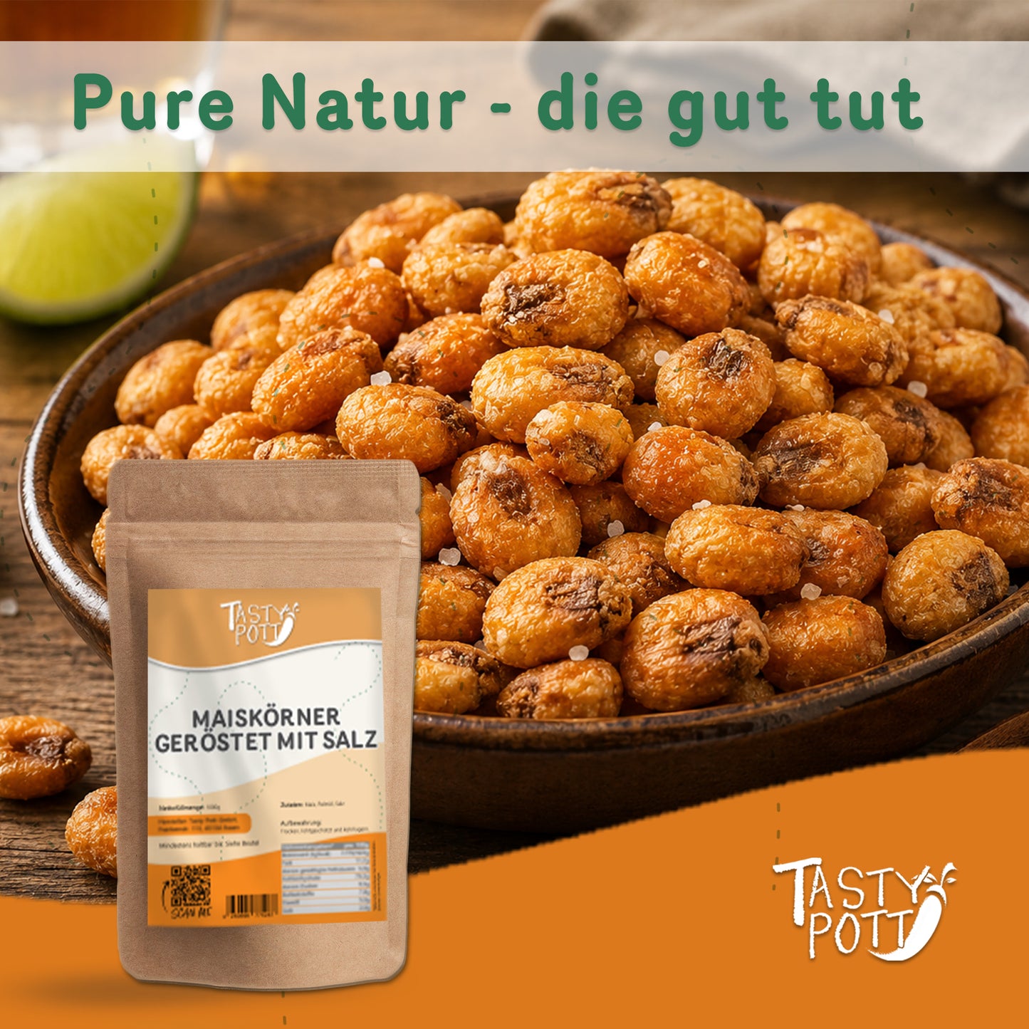 Geröstete, gesalzene Maiskörner von Tasty Pott, 1 kg, knuspriger Snack.