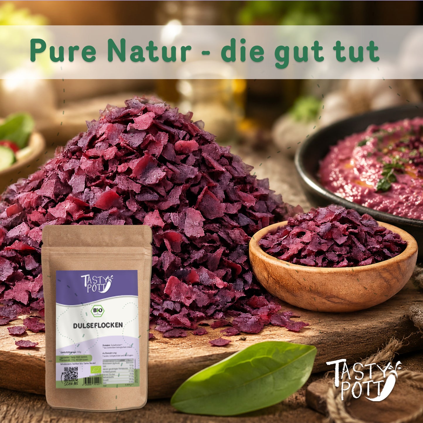 Bio Dulse Flocken in lila, 100g Beutel von Tasty Pott.