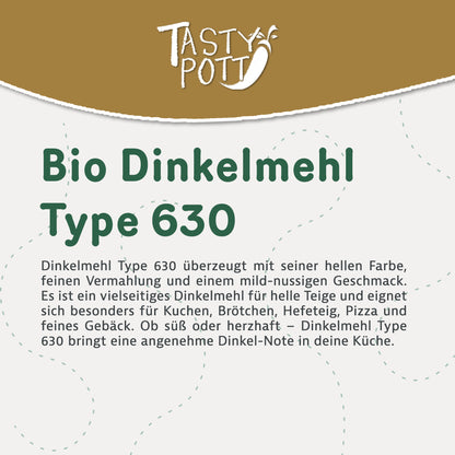 Bio Dinkelmehl Type 630, 1kg Beutel, vielseitig für Kuchen und Pizza.
