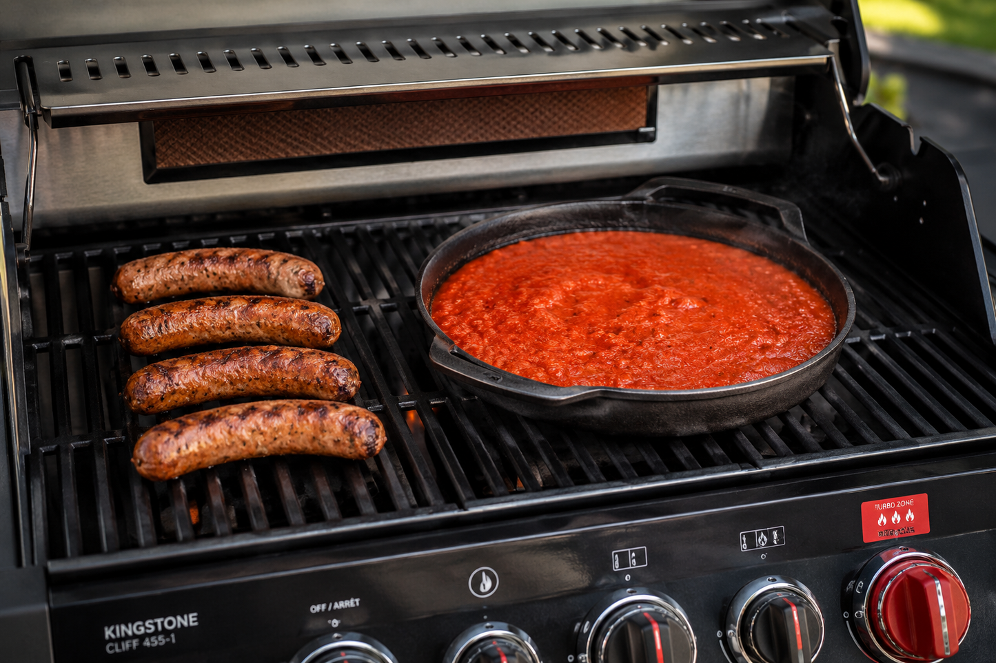 Currysoße im Dutchoven und Currywurst auf einem Gasgrill
