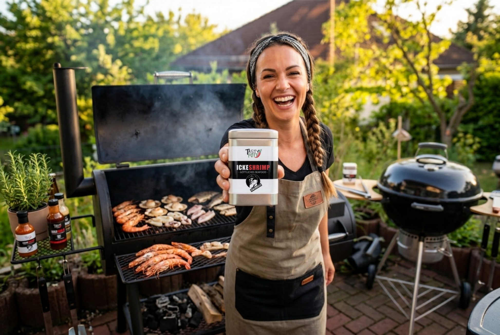ickeshrimp grillgewürz dose von frau beim grillen in die kamera gehalten