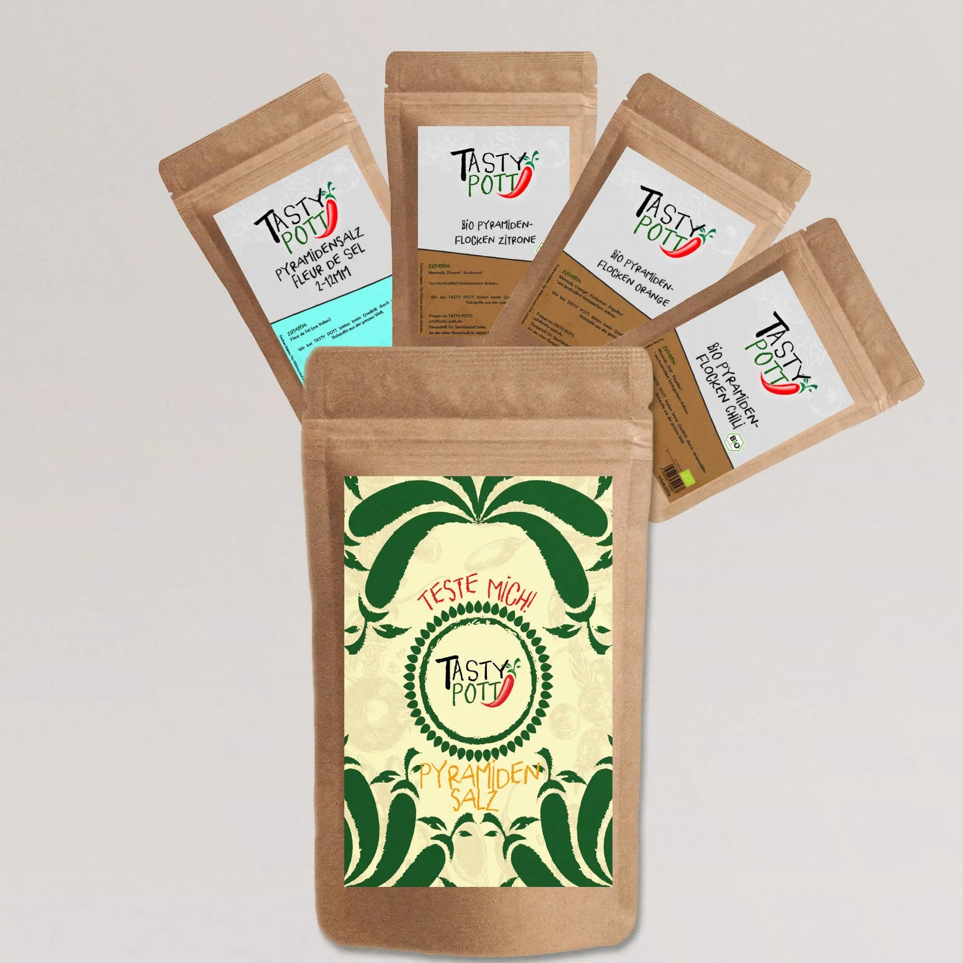 Tasty Pott Pyramiden Salz Set 4x30g – Salzflocken Probiergröße - Tasty Pott